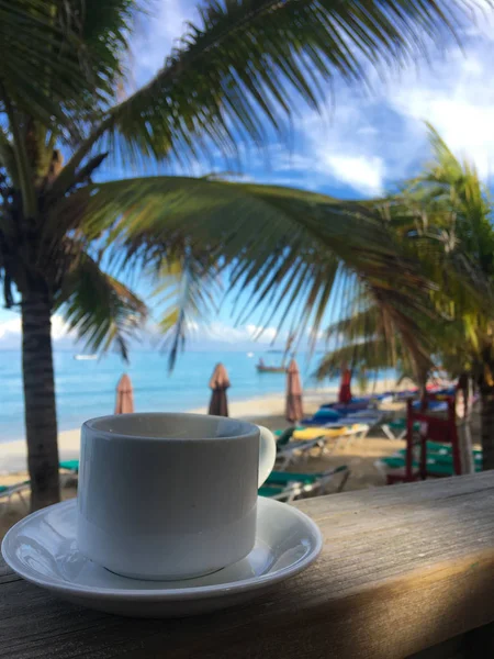 a cup of coffee on the background of the sea and palm trees