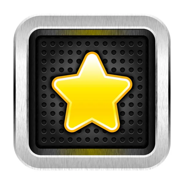 Quadratischer Chrom-Metallknopf mit gelbem Stern-App-Symbol — Stockvektor