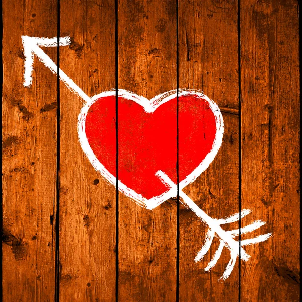 Flecha blanca y corazón rojo en madera de textura realista — Vector de stock