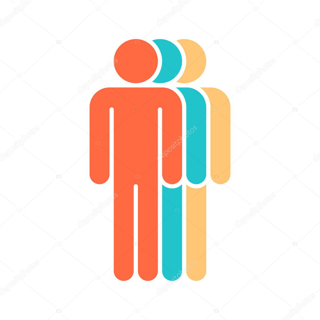 Use it in all your designs. Logotype in the form three people standing with hands down painted in red, green, yellow colors. Quick and easy recolorable graphic element in technique vector illustration