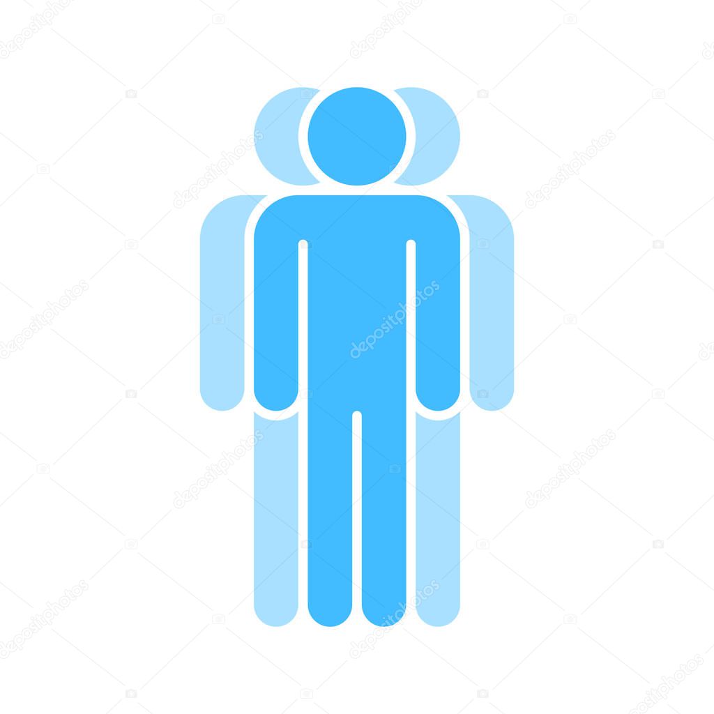 Use it in all your designs. Logotype in the form of three people standing with hands down painted in shades of blue color. Quick and easy recolorable graphic element in technique vector illustration