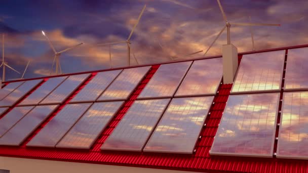 Zonnepanelen Geïnstalleerd Een Dak Zonsondergang Hemel Animatie — Stockvideo