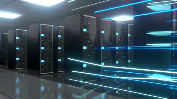 Salle de serveurs 3D 4K - centre de données - stockage / hébergement / concept Internet rapide 