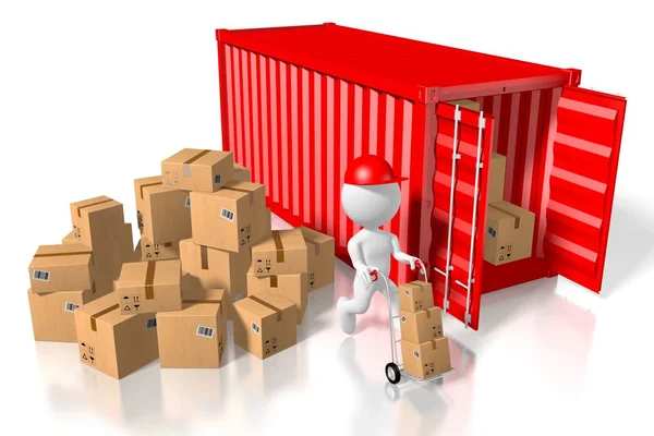 Courier unpacking cargo container - 3D rendering — Stock Photo, Image