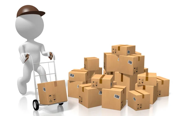 Warehouse, packages, cartoon character - 3D rendering — Stock Photo, Image