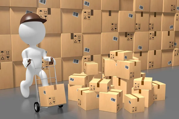 Warehouse, packages, cartoon character - 3D rendering