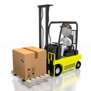 Forklift makinesi, işçi, paket - 3D görüntüleme
