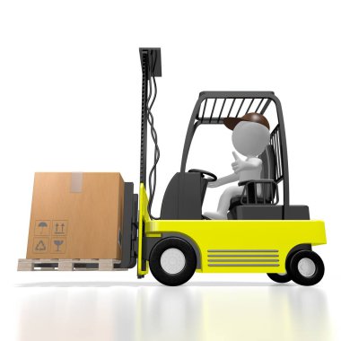 Forklift makinesi, işçi, paket - 3D görüntüleme