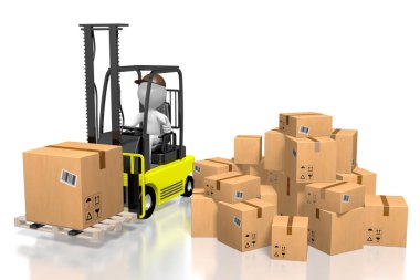 Forklift makinesi, paketler - 3d oluşturma