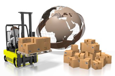 Forklift makinesi, uluslararası ulaşım konsepti - 3D görüntüleme