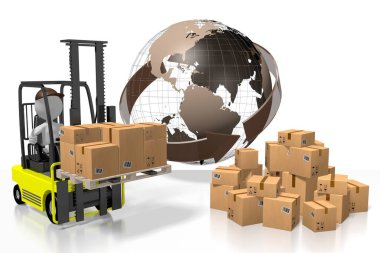 Forklift makinesi, uluslararası ulaşım konsepti - 3D görüntüleme