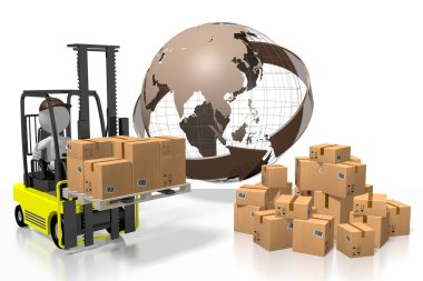 Forklift makinesi, uluslararası ulaşım konsepti - 3D görüntüleme