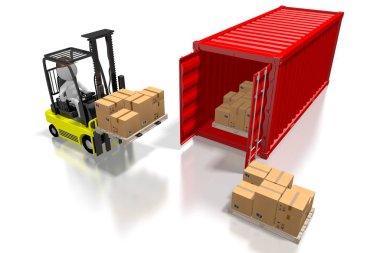 Forklift makinesi, kargo konteynırı - 3D görüntüleme