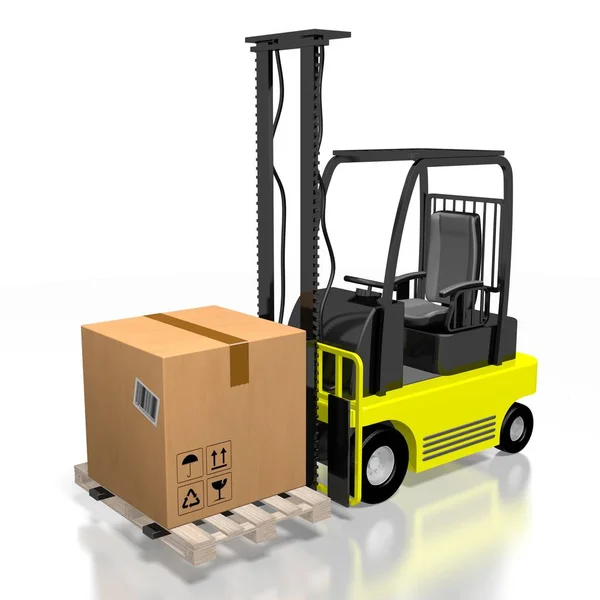 Forklift machine, package - 3D rendering — 图库照片