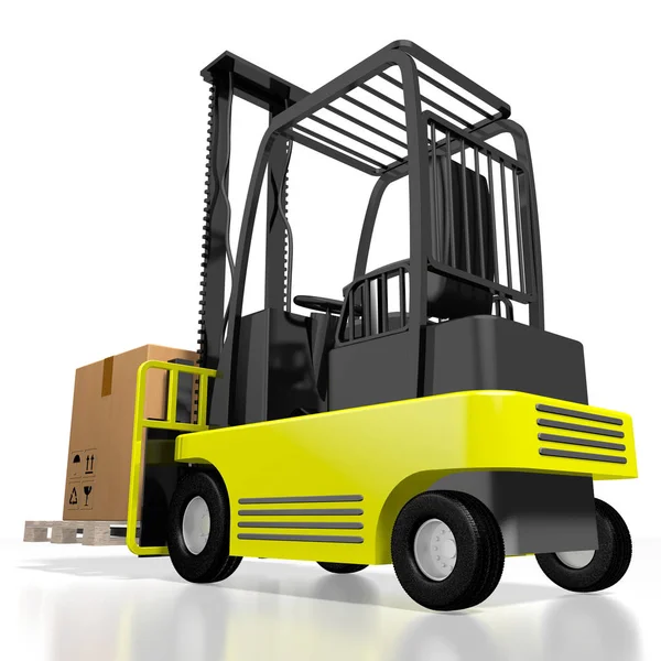 Forklift machine, package - 3d rendering — 스톡 사진