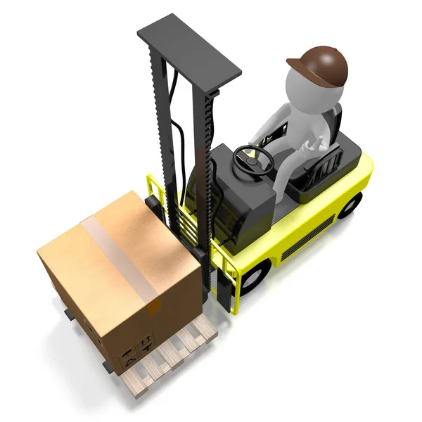 Máquina de carretilla elevadora, trabajador, paquete - renderizado 3D — Foto de Stock