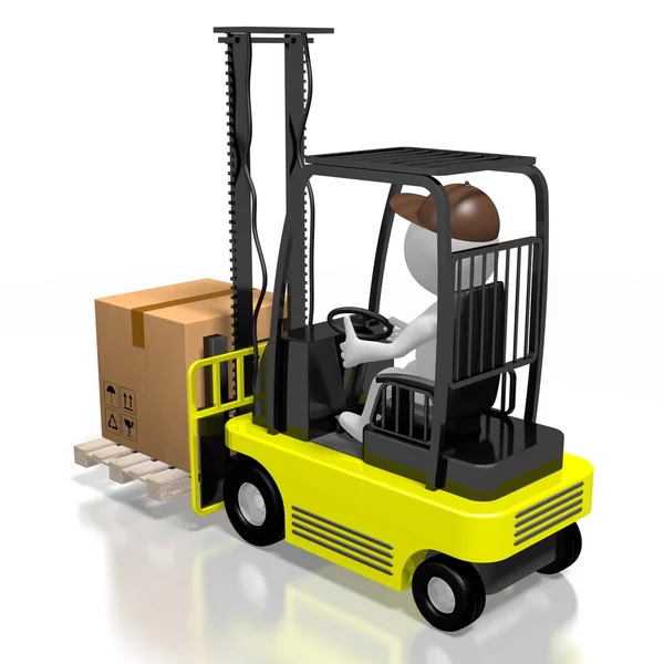 Forklift makinesi, işçi, paket - 3D görüntüleme — Stok fotoğraf