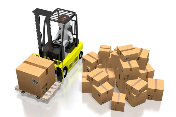 Forklift μηχανή, πακέτα - 3d rendering — Φωτογραφία Αρχείου