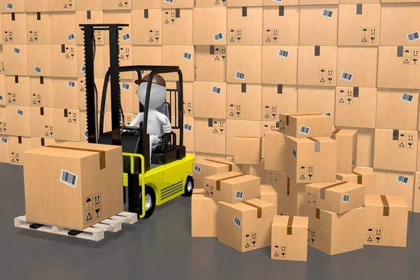 Forklift μηχανή, αποθήκη - 3d rendering — Φωτογραφία Αρχείου