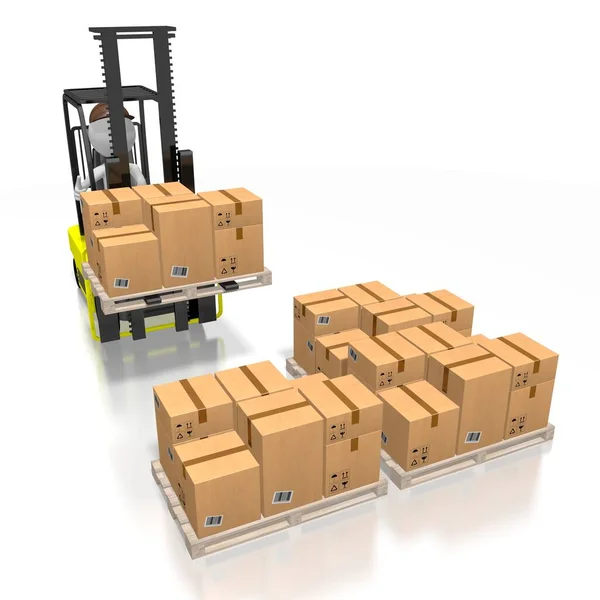 Forklift machine, package - 3D rendering — 스톡 사진