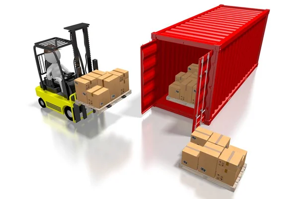 Forklift machine, cargo container - 3D rendering — Stok Foto