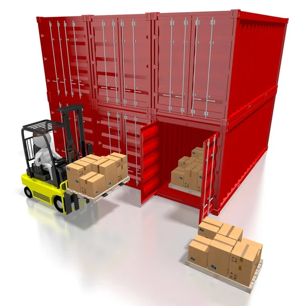 Forklift μηχανή, εμπορευματοκιβώτια - 3d rendering — Φωτογραφία Αρχείου