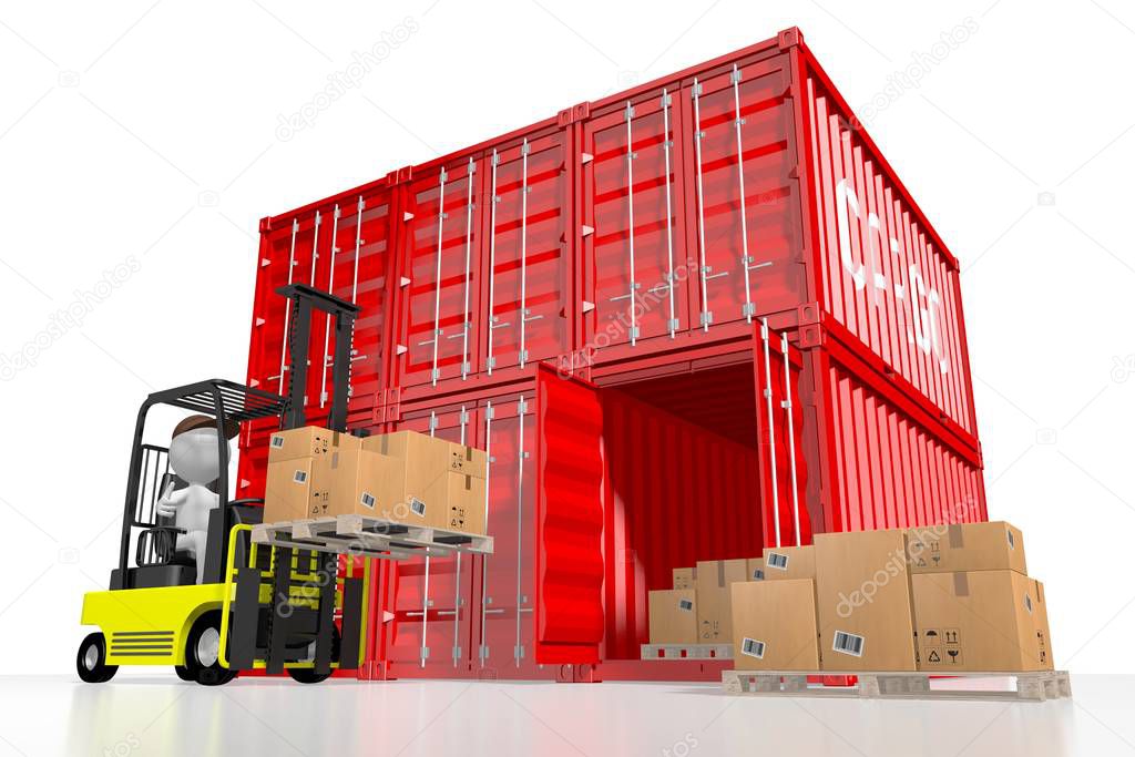 Forklift machine, cargo containers - 3D rendering