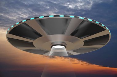 Ufo, arkaplanda gökyüzü - 3D görüntüleme