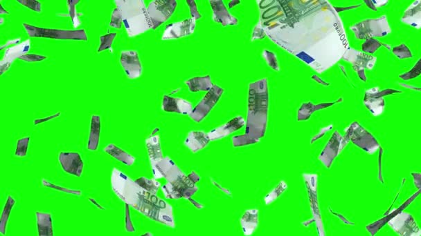 Falling 100 euro banknotes - 3D 4k animation - rain effect - great for topics like financial success, winning a lottery, being rich, treasure etc. Isolated on green background (green screen purposes).