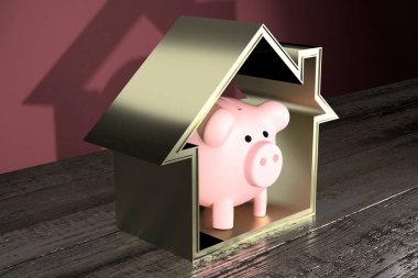 Ev şekli, domuz kumbarası - tasarruf konsepti - 3D görüntüleme