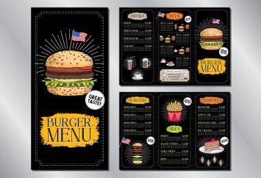 Hamburger restoranı / bar menü şablonu broşürü (hamburger, patates kızartması, tatlı, içecek, set) - 3 x Dl (99x210 mm)