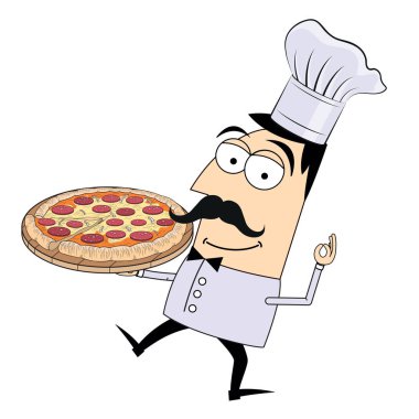 Şef / aşçı pizza tutuyor - vektör illüstrasyonu