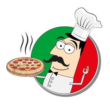 Şef / aşçı pizza tutuyor - vektör illüstrasyonu