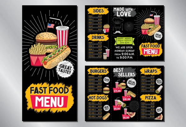 Modelo de menu de restaurante de fast food - 3 x DL (99x210 mm ) — Vetor de Stock
