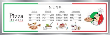 İtalyan pizza restoranının menü şablonu - fiyat listesi / afişi (pizzalar, pastalar, tatlılar, içecekler) - 200 x 60 cm