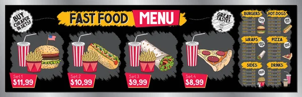 Modelo Menu Restaurante Fast Food Lista Preços Banner Conjuntos Hambúrgueres — Vetor de Stock