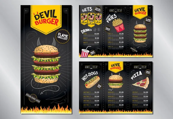 Şeytan Burger - Restoran menüsü kartı / şablonu - (hamburger, patates kızartması, sosisli sandviç, pizza, içecek, set) - 3 x Dl (99x210 mm)