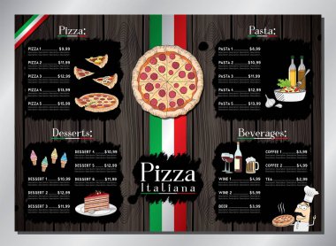 Pizza restoranının kart şablonu - masa menüsü (pizza, makarna, tatlı, içecek) - A3 boyutu (420x297 mm)