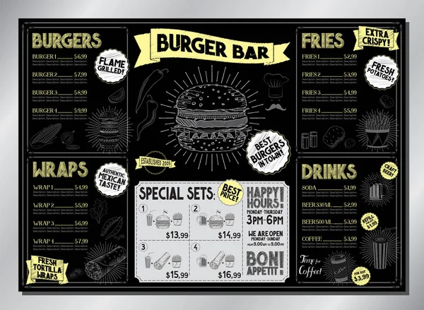 Burger Bar Card Template Table Menu Burgers Wraps French Fries — Stock Vector