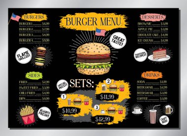 Hamburger bar şablonu - masa menüsü (hamburgerler, patates kızartması, tatlılar, içecekler, setler) - A3 boyutu (420x297 mm)