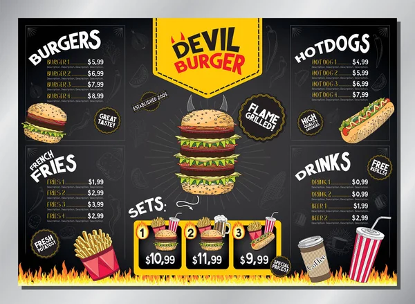 Devil burger kartı şablonu - masa menüsü (hamburger, patates kızartması, sosisli sandviç, içecek, set) - A3 boyutu (420x297 mm)