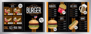 Burger restaurant / bar menü şablonu (hamburger, patates kızartması, sosisli sandviç, içecek, set) - 2 x A4 (210x297 mm)