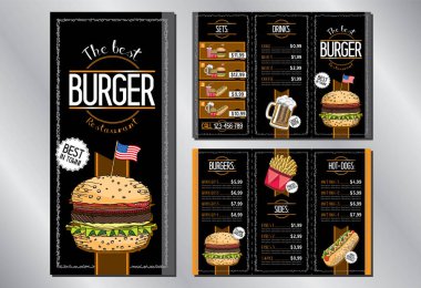 Burger bar menüsü / broşür şablonu (hamburger, patates kızartması, sosisli sandviç, içecek, set) - 3 x Dl (99x210 mm)