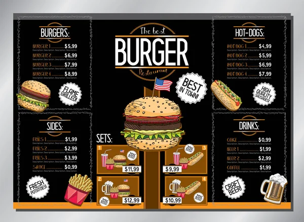 Plantilla Tarjeta Restaurante Hamburguesa Menú Mesa Hamburguesas Papas Fritas Perros — Vector de stock