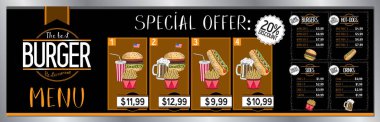 En iyi burger restoranının menü şablonu - fiyat listesi / sipariş panosu / afişi (burger, patates kızartması, sosisli sandviç, içecek) - 200 x 60 cm
