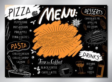 Klasik pizza menüsü (pizza, makarna, tatlı, içecek) - A3 boy (420x297 mm)