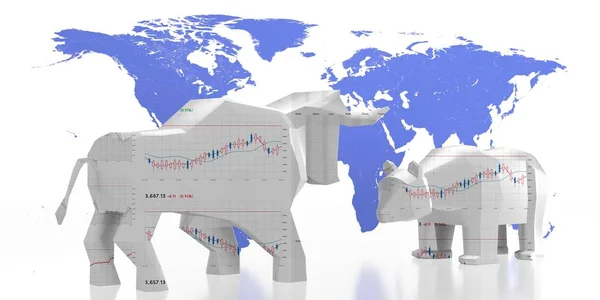 Bull and bear, world map - market/ finance/ stock concept - 3D illustration