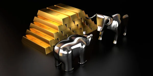 Bull and bear, gold ingots - market/ finance/ stock concept - 3D illustration