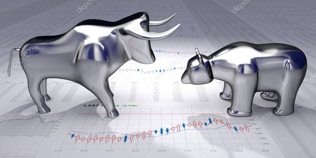 Bull and bear, financial data chart - market/ stock concept - 3D illustration
