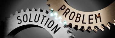 Problem, çözüm - vites konsepti - 3d illüstrasyon